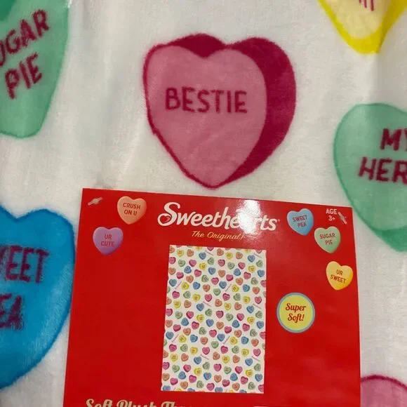 Sweethearts Conversation Candy Hearts Valentine’s Day White Colorful Blanket NWT - Picture 5 of 8